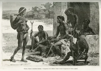 Mannen, vrouwen en gebruiksvoorwerpen (Bihe-regio, Rwanda). Gravure door D. Maillart, ter illustratie van het verhaal hoe ik Afrika doorkruiste, van de Atlantische Oceaan naar de Indische Oceaan, door Majoor Serpa Pinto, in 1877-1878, gepubliceerd in de To