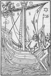 Koopvaardijschip uit de Middeleeuwen te midden van de gevaren van de zee. Gravure in 