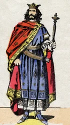 Merovingische dynastie: Portret van Chilperik II (ca. 700-721), koning der Franken van 715 tot 721. Epinal afbeelding uit het einde van de 19e eeuw. Privécollectie