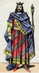 Merovingische dynastie: Portret van Clotaire IV (685-719) Koning der Franken van Austrasië van 717 tot 719. Epinal afbeelding uit het einde van de 19e eeuw. Privécollectie.
