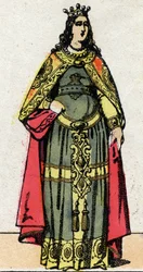 Merovingische Dynastie: Portret van koningin Clothilde, vrouw van Dagobert III. Epinal afbeelding eind 19e eeuw. Privécollectie.