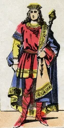 Merovingische Dynastie: Portret van Thierry IV, koning van de Franken. Epinal afbeelding eind 19e eeuw. Privécollectie.