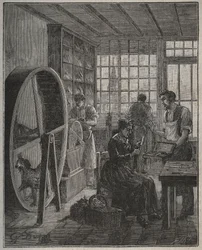 Beroep en ambachtsman: een messenwinkel in de provincie in de 19e eeuw. Gravure uit 1885 in 