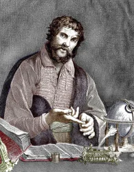 Michel de Nostredame, aka Nostradamus (1503-1566) Franse astroloog en arts, gravure, ingekleurd document