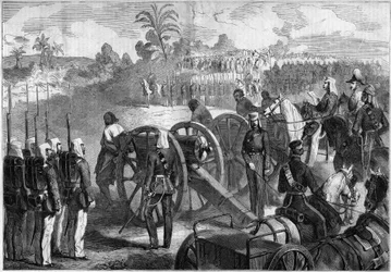 Militaire executie van Indiase opstandelingen door het Engelse leger. Gevangenen worden vastgebonden aan de monden van kanonnen voordat ze worden geëxecuteerd. India