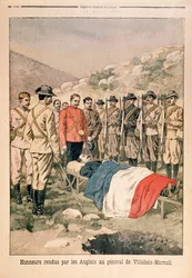 Militaire eerbetonen aan generaal Georges de Villebois-Mareuil (1847-1900) door de Britten op de begraafplaats van Boshof, illustratie uit Le Petit Journal, 29 april 1900