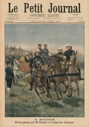 Militaire parade door Paul Doumer, gouverneur-generaal van Frans Indochina, en keizer van Annam, Thanh Thai, in Hanoi, voorpagina illustratie uit Le Petit Journal, Supplement Illustre, 27 april 1902