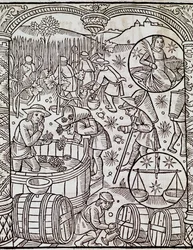 Maand van de oogst, met de sterrenbeelden Maagd en Weegschaal, gravure uit Le grand calendrier des bergers