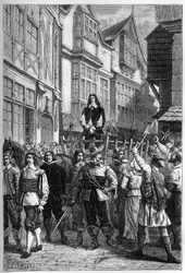 Montrose werd naar de gevangenis gebracht op een kar - James Graham (1612-1650), Markies van Montrose Schotse generaal tentoongesteld in de High Street van Edinburgh, in 1650 - gravure uit 