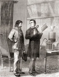Moritz von Jacobi, rechts, ontdekt galvanoplastiek, of elektrotypen in 1838, uit Les Merveilles de la Science, gepubliceerd ca. 1870