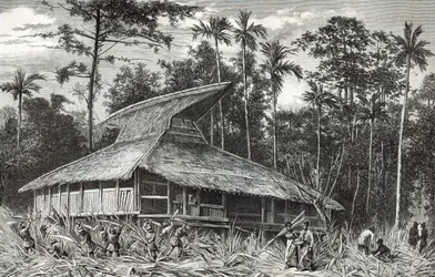 Moskee in Dodinga, Nieuw-Guinea, illustratie uit Le Tour du Monde magazine, 1879