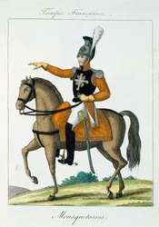 Bereden Musketier, uit Troupes Francaises, uitgegeven bij Basset, Parijs