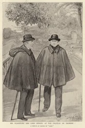 De heer Gladstone en Lord Rendel in het Chateau de Thorenc (litho)