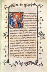 Pagina met een gehistoriseerde initiaal die een zittende man voor het Rad van Fortuin afbeeldt, uit 