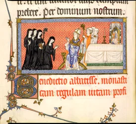 De Presentatie van een Abdis, uit het Metz Pontificale, geschreven voor Raymond Bar, Bisschop van Metz, 1302-16