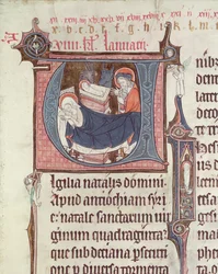 Ms.838 fol.55 Geïllustreerde initialen U en I die de Geboorte en het Kind Christus uitbeelden, uit Obituaire de Notre Dame de Pres, na 1270