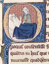 Ms 1003 f.185v Onderzoek van een patiënt, uit Oeuvres de Galien door Claudius Galenus (ca.130-ca.201)