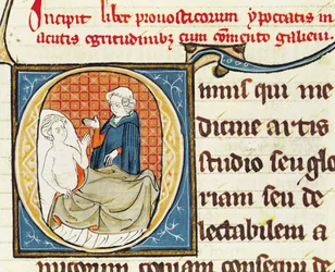 Ms 1003 fol.79 Een dokter diagnosticeert een patiënt, uit Oeuvres de Galien door Claudius Galenus (ca.130-ca.201)