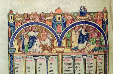 Ms 10 f.128v Canon van de Evangelisten, detail van Christus die de man met waterzucht geneest en demonen uitdrijft, uit een Latijnse Bijbel