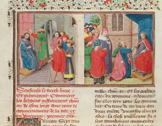 Ms 149 t.1 fol.108v Hoe de Belgen een hertog kiezen, uit de Histoire des Nobles Princes de Hainaut, door Jacques de Guise