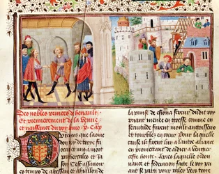 Ms 149 t.1 fol.16 Een overeenkomst en de bouw van een kasteel, uit de Histoire des Nobles Princes de Hainaut, door Jacques de Guise