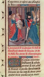 Ms 149 t.3 fol.105 Huwelijk van Boudewijn VI en Marie, dochter van de Graaf van Champagne, uit de Histoire des Nobles Princes de Hainaut, door Jacques de Guise