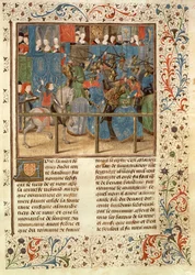 Ms 149 t.3 fol.82 Een toernooiscène, uit de Histoire des Nobles Princes de Hainaut, door Jacques de Guise