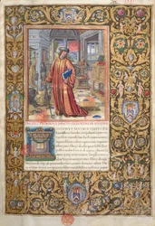 Ms. 1581 f. 001 Flavius Josephus in zijn studeerkamer, illustratie voor de Proloog van de Oudheden van de Joden (Antiquitates Judaicae) door Flavius Josephus, ca. 1503
