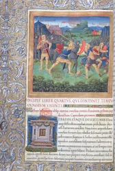 Ms. 1581 f. 071 Illustratie uit Boek IV (Van de afwijzing van die generatie tot de dood van Mozes), Hoofdstuk 1 van de Oudheden van de Joden (Antiquitates Judaicae) door Flavius Josephus - Gevecht van