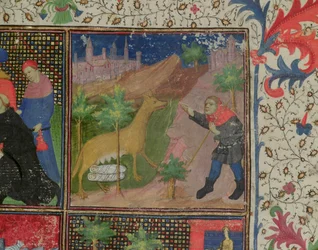 Ms 1595 Romulus en Remus die door een wolf worden gezoogd, uit Dicta et Facta Memorabilia, c.1475