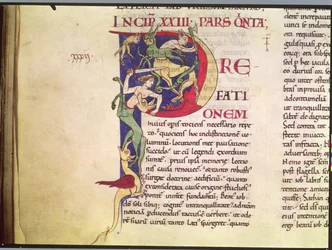 Ms 173 Geïllustreerde initiaal P met centauren, draken en monsters, uit Moralia in Job door Paus Gregorius de Grote