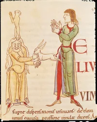 Initiaal H in de vorm van twee tovenaars, uit Moralia in Job door Paus Gregorius de Grote, Bourgondische School