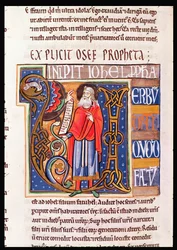 Ms 1 fol.193v Geïllustreerde initiaal U met Joel, uit de Souvigny Bijbel