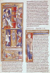 Ms 1 fol.284r Esther en Ahasveros en de ophanging van Haman, uit de Souvigny Bijbel
