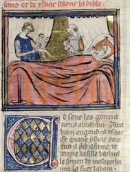 Ms 22 fol.30 De geboorte van de tweeling Jakob en Esau, miniatuur uit de Bijbel Historiale van Guiart des Moulins