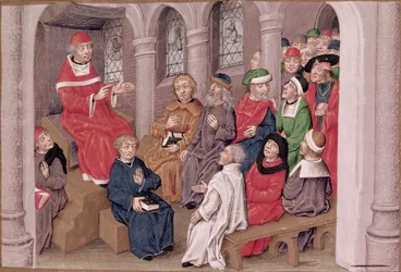 Jean de Gerson (1363-1429) predikt de Passie na het diner in de Kerk van St. Bernard, Parijs, uit Sermons sur la Passion et Traites Divers, ca.1480