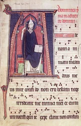 Ms 241 f.1 Geïllustreerde initiaal A met St. Gregorius, uit het Antifonarium voor de wijding van de Abdijkerk van Vauclair, 1257