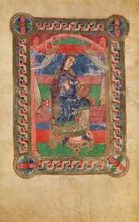 Ms 250 fol.43v St. Radegund (518-87) op een troon, uit het Leven van St. Radegund