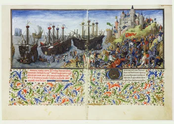 Ms 2617 Het kasteel van de Amazones wordt belegerd door Theseus, hertog van Athene, uit La Teseida, door Giovanni Boccaccio (1313-75) 1340-41