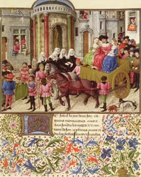 Ms 2617 Theseus maakt een triomfantelijke intocht in Athene, uit La Teseida, door Giovanni Boccaccio (1313-75) 1340-41