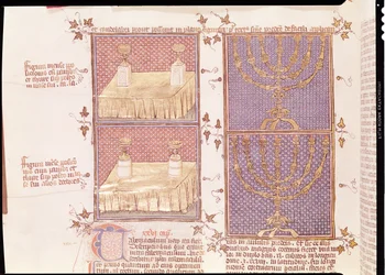 Ms 290 Tome 1 f.89v Tafel van offers en de menora, uit Postilles sur la Bible door Nicolas de Lyre