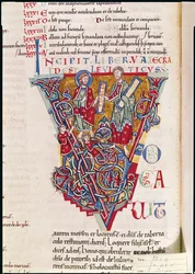 Geïllustreerde initiaal V met een scène uit het Boek Leviticus, uit de St. Benigne Bijbel