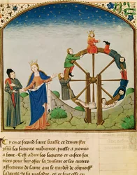 Ms 3045 fol.22v Boethius met het Rad van Fortuin, uit De Consolatione Philosophiae, vertaald door Jean de Meung