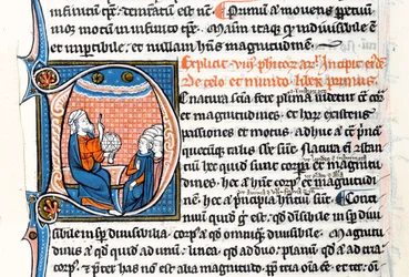 Ms 3458 fol 62vo Geïllustreerde initiaal D met Aristoteles die een armillarium vasthoudt en naar de hemel wijst terwijl hij een groep geestelijken uit West-Europa onderwijst
