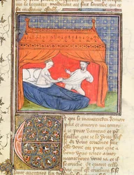 Ms 3480 Lancelot probeert te ontsnappen aan een vrouw in een bed, uit het Livre de Messire Lancelot du Lac
