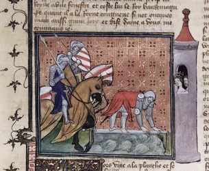 Ms 3480 fol.77 Lancelot oversteekt de Zwaardbrug, uit het Livre de Messire Lancelot du Lac