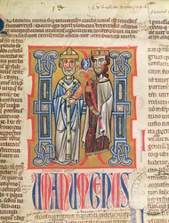 Ms 354 fol.9 Miniatuur van een bisschop en koning uit het Decretum Gratiani, 14e eeuw