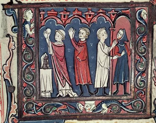 Ms 364 fol.111 Scène van excommunicatie, uit Decretales door Jean Andre, 13e-14e eeuw
