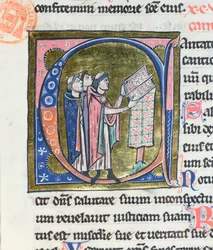 Ms 36 Geïllustreerde initiaal C die een monnik toont die een missaal leest, uit een Latijnse bijbel