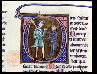 Historiated initiaal D die een man met de duivel afbeeldt, uit een Latijnse bijbel